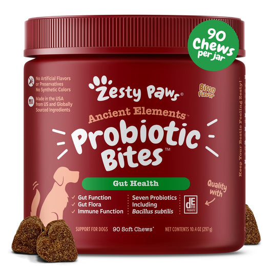 Zesty Paws Probiotics for Dogs - Digestive Enzymes for Gut Flora, Digestive Health, Diarrhea & Bowel Support - Clinically Studied DE111 - Dog Supplement Soft Chew for Pet Immune System - AE, 90 Ct