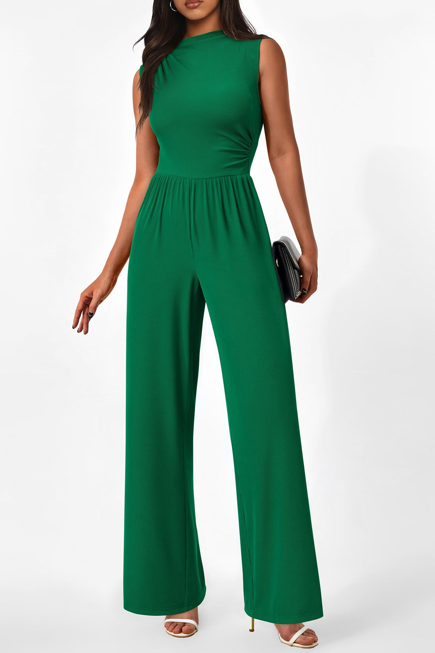 PRETTYGARDEN Womens Summer Jumpsuits Dressy Casual One Piece Outfits Sleeveless Mock Neck Wide Leg Pants Rompers with Pockets (Style2-Green,Small)