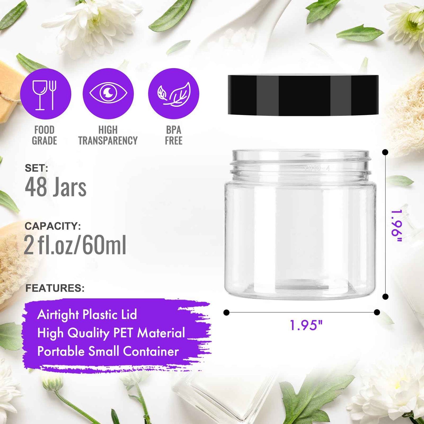 Jaisie.W 2 oz Plastic Jars with Lids 48Pack,Empty Small Plastic Jars with Lids for Storage, Round Clear for Cream,Lotion,Powder,Ointment(2fl.oz,set of 48)