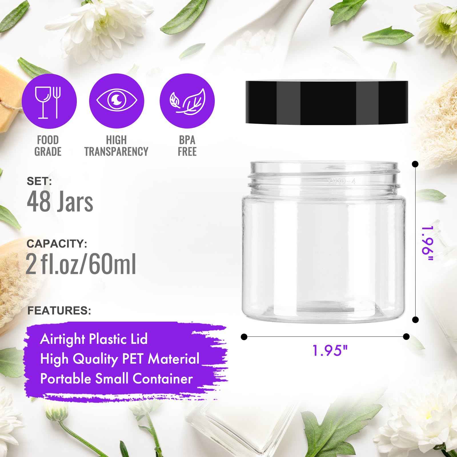 Jaisie.W 2 oz Plastic Jars with Lids 48Pack,Empty Small Plastic Jars with Lids for Storage, Round Clear for Cream,Lotion,Powder,Ointment(2fl.oz,set of 48)