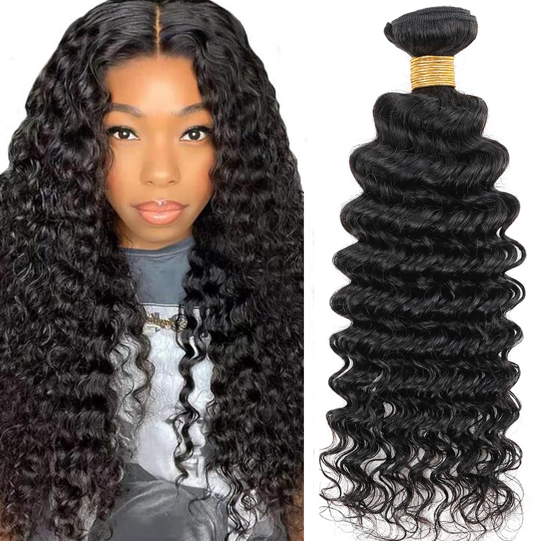 Human Hair Bundles Deep Wave Human Hair One Bundle Deals 18inch Brazilian Virgin Hair Bundls Deep Wave Human Hair Bundles for Black Woman 100% Unprocessed Hair Bundle Weave Natural Black