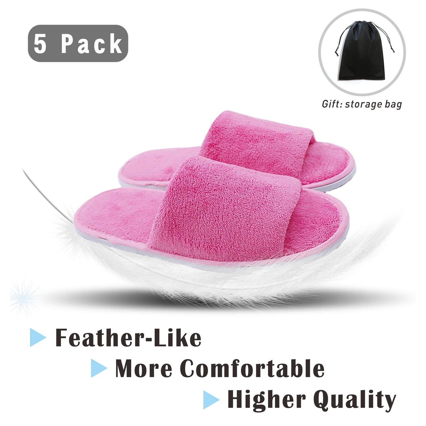 Spa Slipper- 5 Pairs of Velvet Open Toe Slippers with Travel Bags- One Size Fit Most Men and Women for Spa, Party Guest, Hotel and Travel, Washable and Non-Disposable Pink