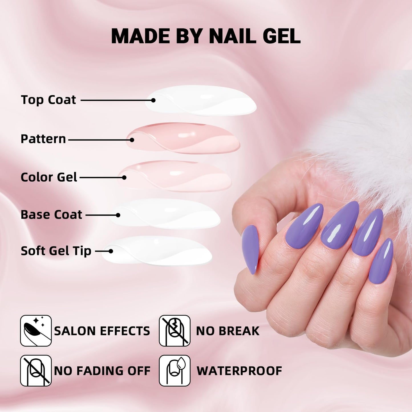 Wooyas Press on Nails Almond，Reusable Handmade Gel Fake Nails Medium Glossy ，Lightweight Natural Fake Nail in 12 Sizes - 24 Pcs Soft Gel Glue On Nails Kit，Lavender Purple Color