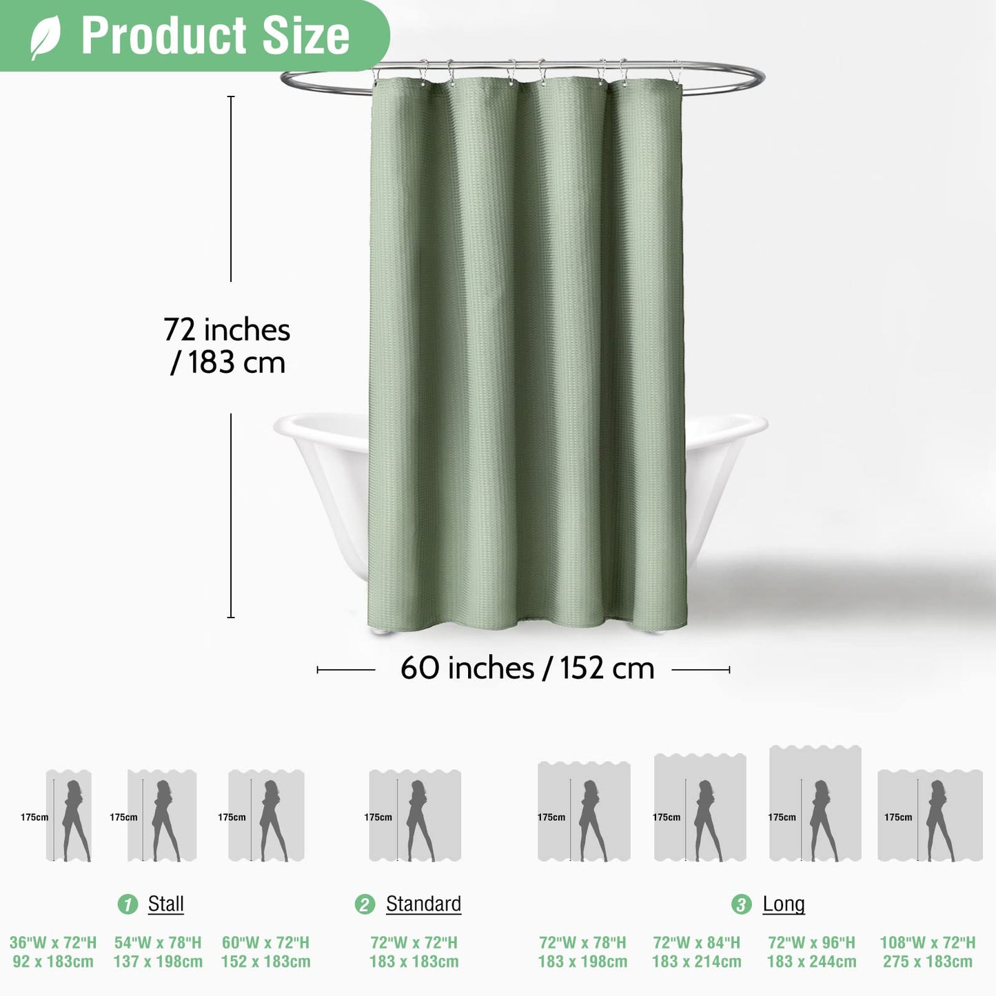 Dynamene 60 inch Stall Shower Curtain - Waffle Weave Heavy Duty Thick Fabric Shower Curtains for Bathroom,Weighted Hotel Spa Luxury Cloth Bath Curtain Set with 10 Plastic Hooks,60x72, Sage Green