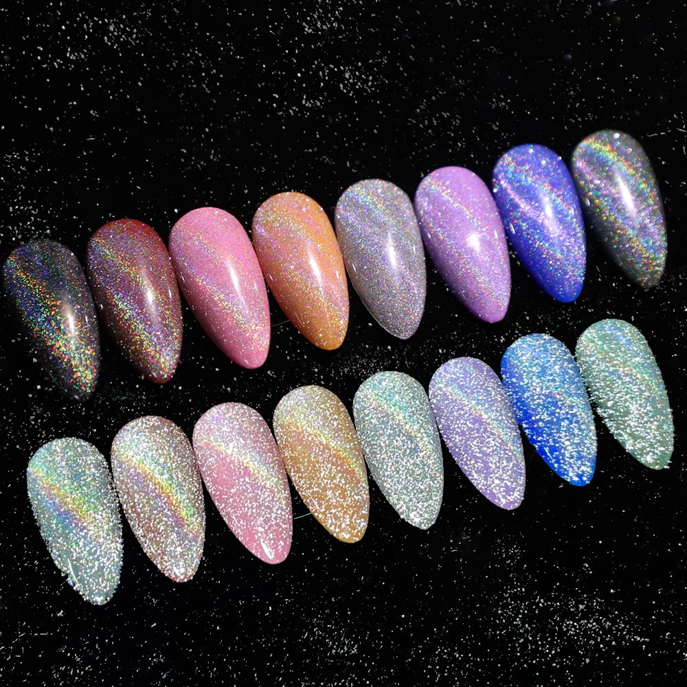 MIZHSE Universal Reflective Rainbow Cat Eye Gel 10ml Reflective Gel Nail Polish Holographic Laser 9D Cat Eye Gel Nail Polish With Magnetic Stick Soak Off LED UV Gel Nail Kit Home DIY Manicure