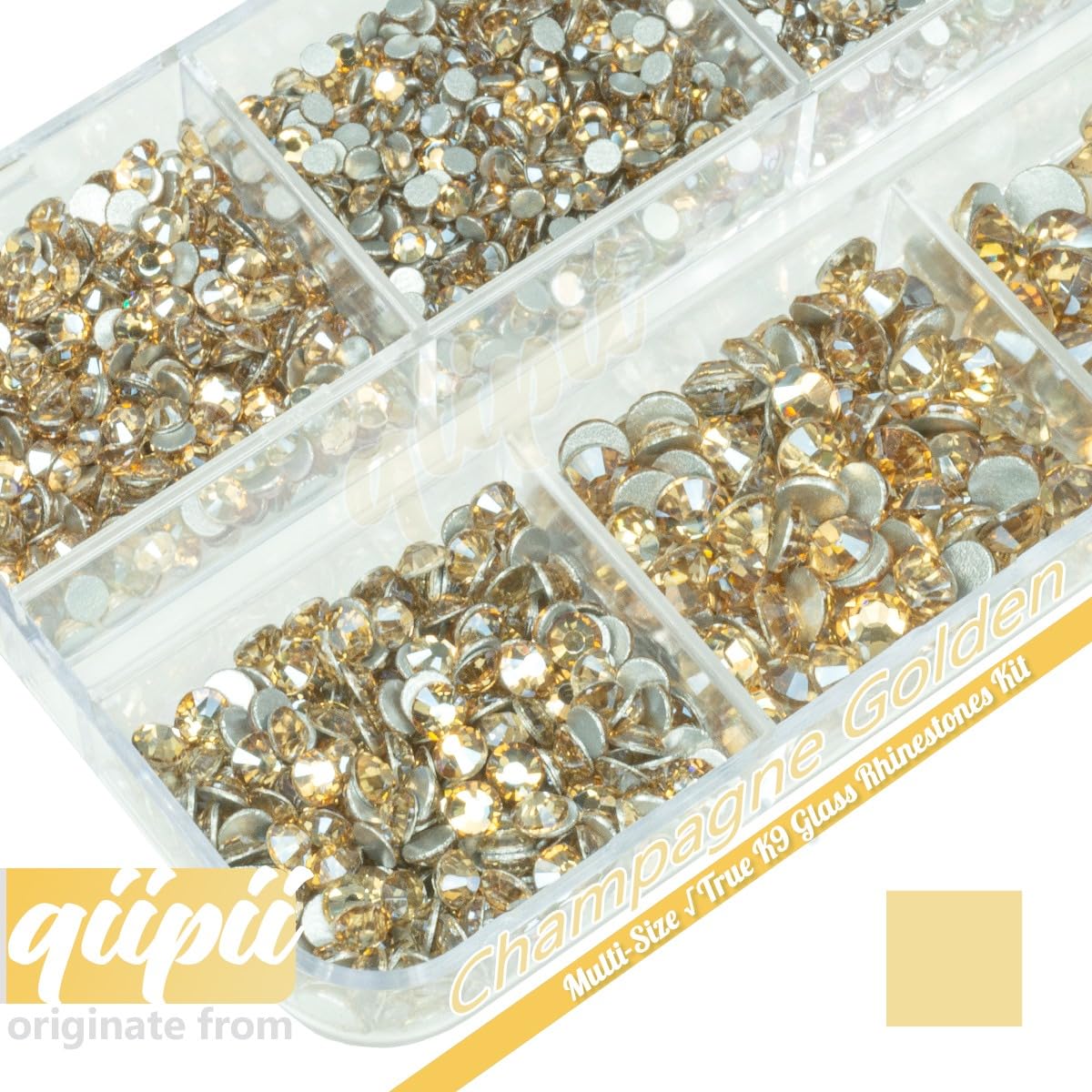 qiipii 2550pcs Champagne Golden Nail Art Flatback Rhinestones for Face Makeup Gold Nail Gems Gemstones K9 Glass SS4~SS20 6 Sizes Bling Diamonds Stones w Tweezer & Picking Pen for Nails DIY Craft