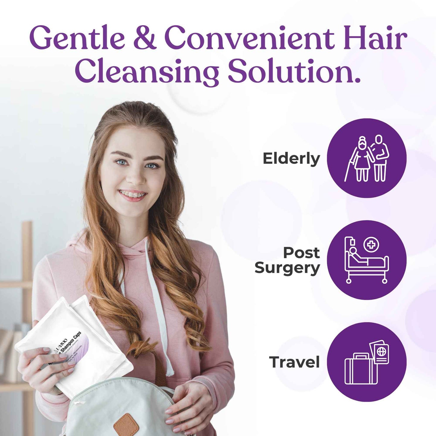 LAVIVIO No Rinse Shampoo Caps – Waterless Hair Washing Shower Caps for Bedridden Patients, Elderly & Hospital Use – Disposable Rinseless Conditioning Bathing Supplies with Aloe Vera, Vitamins - 6 Pack