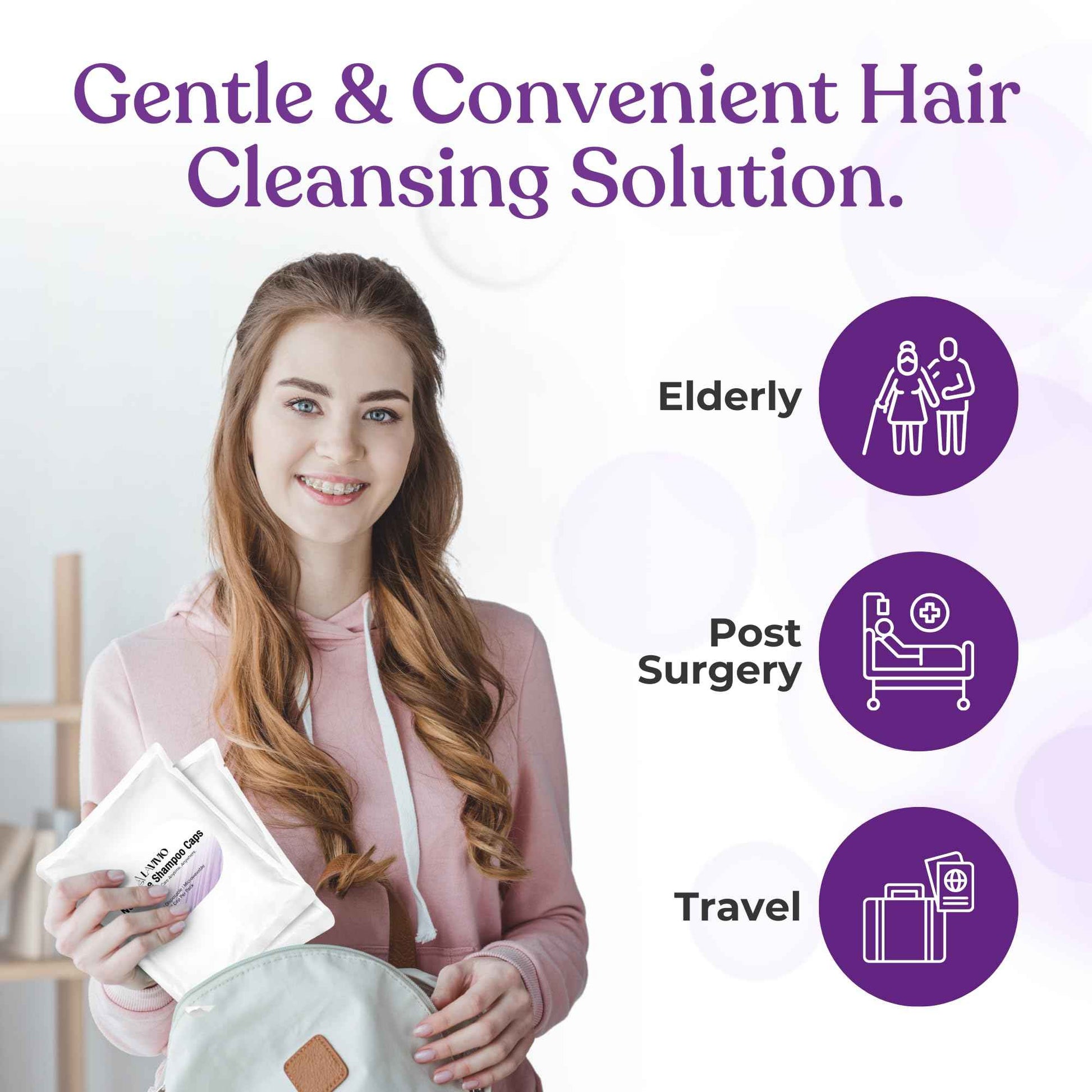 LAVIVIO No Rinse Shampoo Caps – Waterless Hair Washing Shower Caps for Bedridden Patients, Elderly & Hospital Use – Disposable Rinseless Conditioning Bathing Supplies with Aloe Vera, Vitamins - 6 Pack