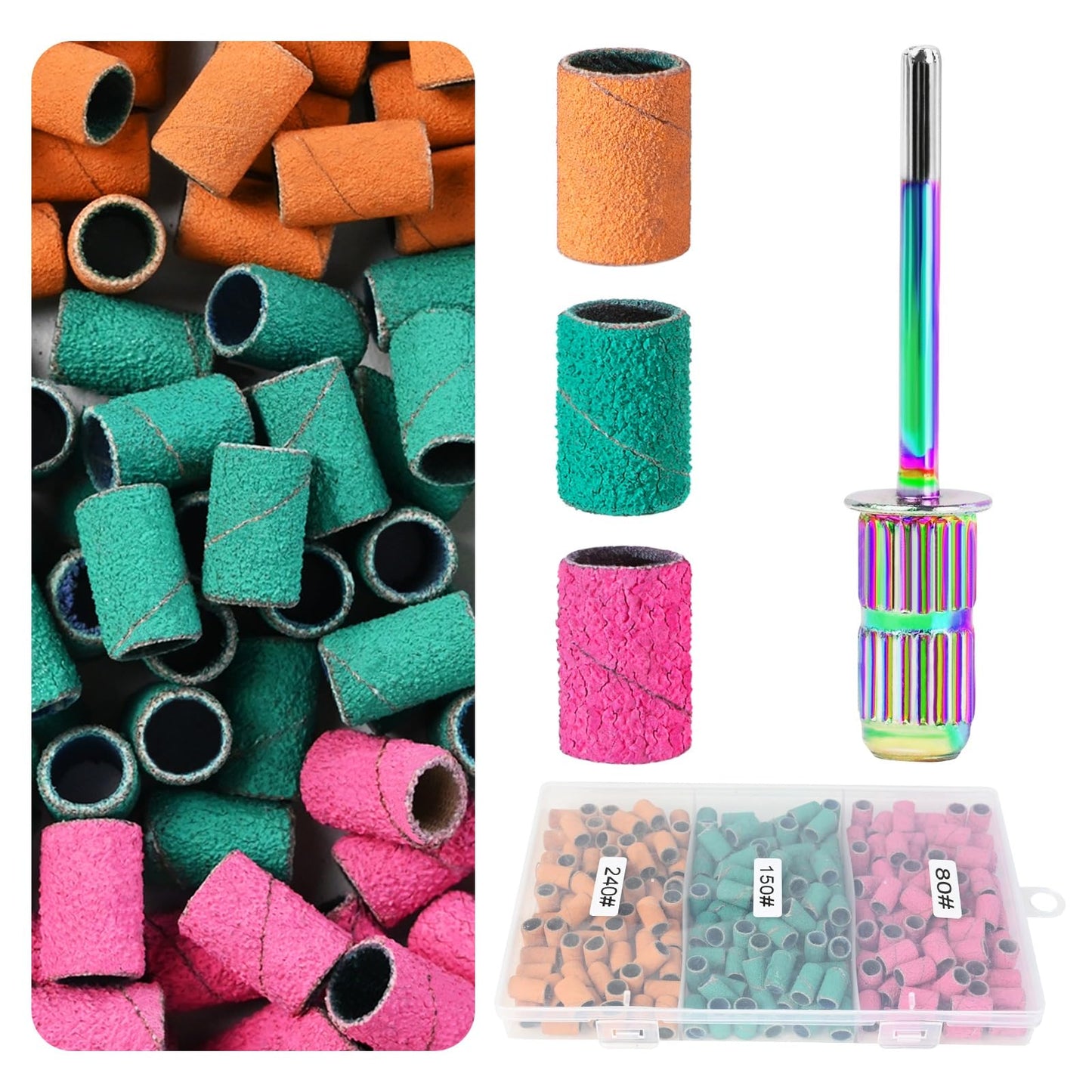 Sanding Bands for Nail Drill,KOYOPEPI Nail Drill Sanding Bits #80#150#240 Grits 210Pcs Color Coarse Fine Nail Sanding Bands Mandrel Bit