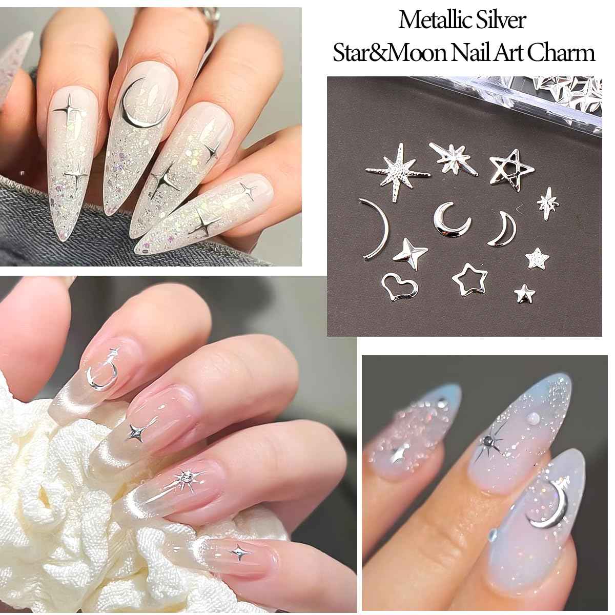 Star Moon Nail Charms for Nails Art 3D Gold Silver Starlight Cross Star Nail Rivet Studs Decoration Alloy Metallic Stars Accessories and Sugar Glitter Powder for Nails Manicure Craft DIY