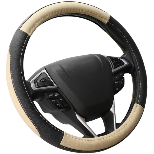 SEG Direct Car Steering Wheel Cover Universal Standard Size 14.5-15 inch, Black and Beige Microfiber Leather