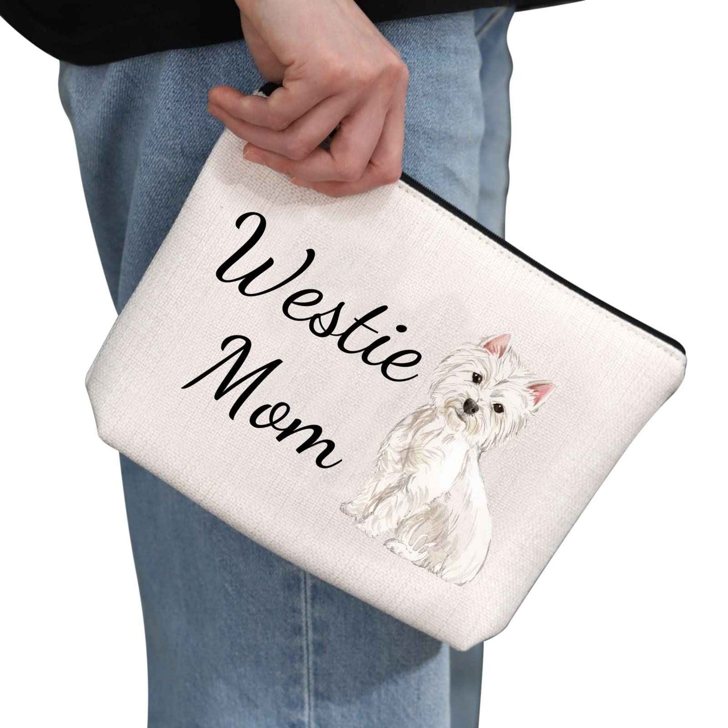 G2TUP Westie Lover Gift Westie Mom Makeup Bag West Highland Terrier Dog Owner Cosmetic Bag Dog Mom Pet Lover Gift Zipper Travel Bag (Westie Mom White Bag)