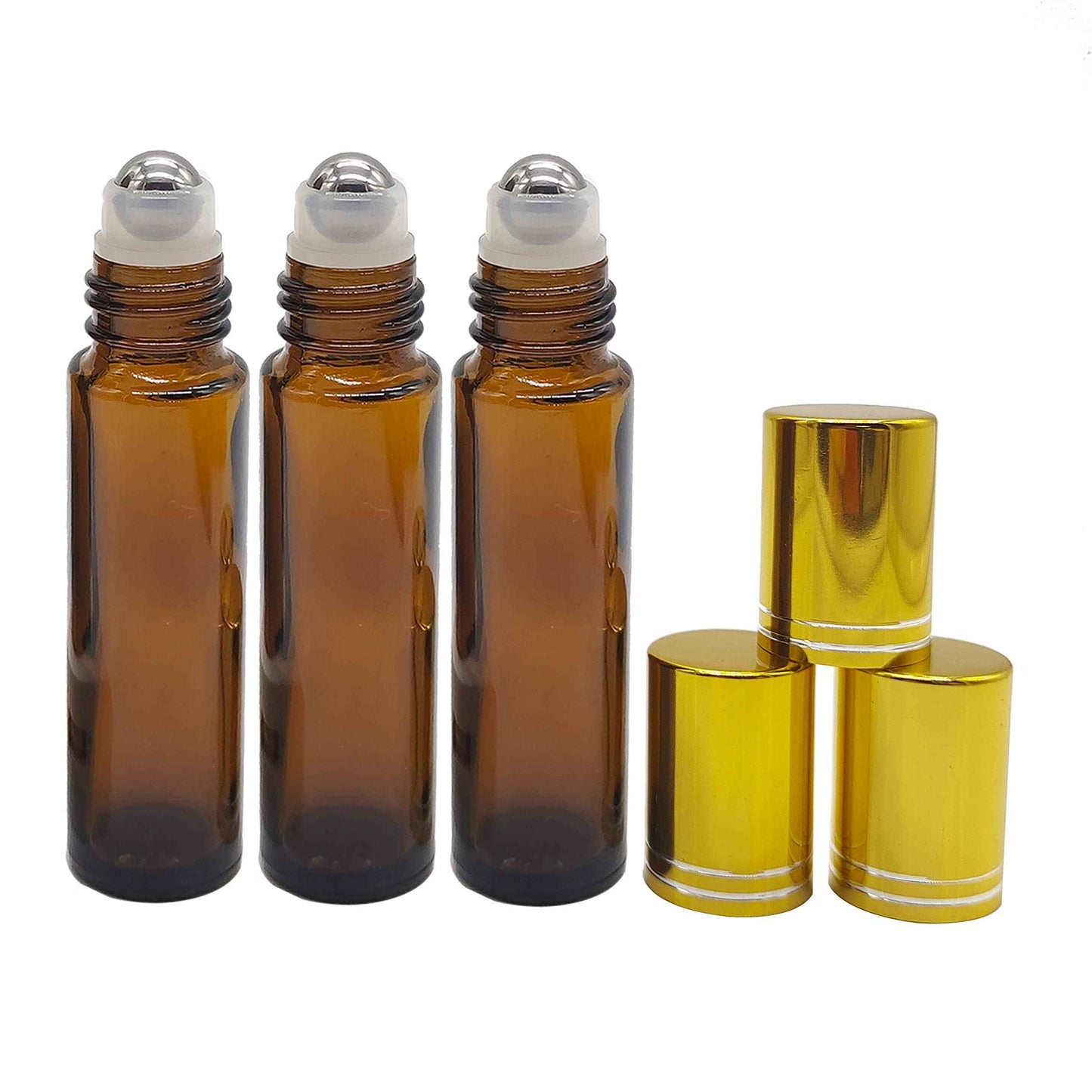 BEGIKET 24 Pack Essential Oil Roller Bottles, 10ml Amber Glass Roll-on Bottles with Stainless Steel Roller Balls and Gold Cap