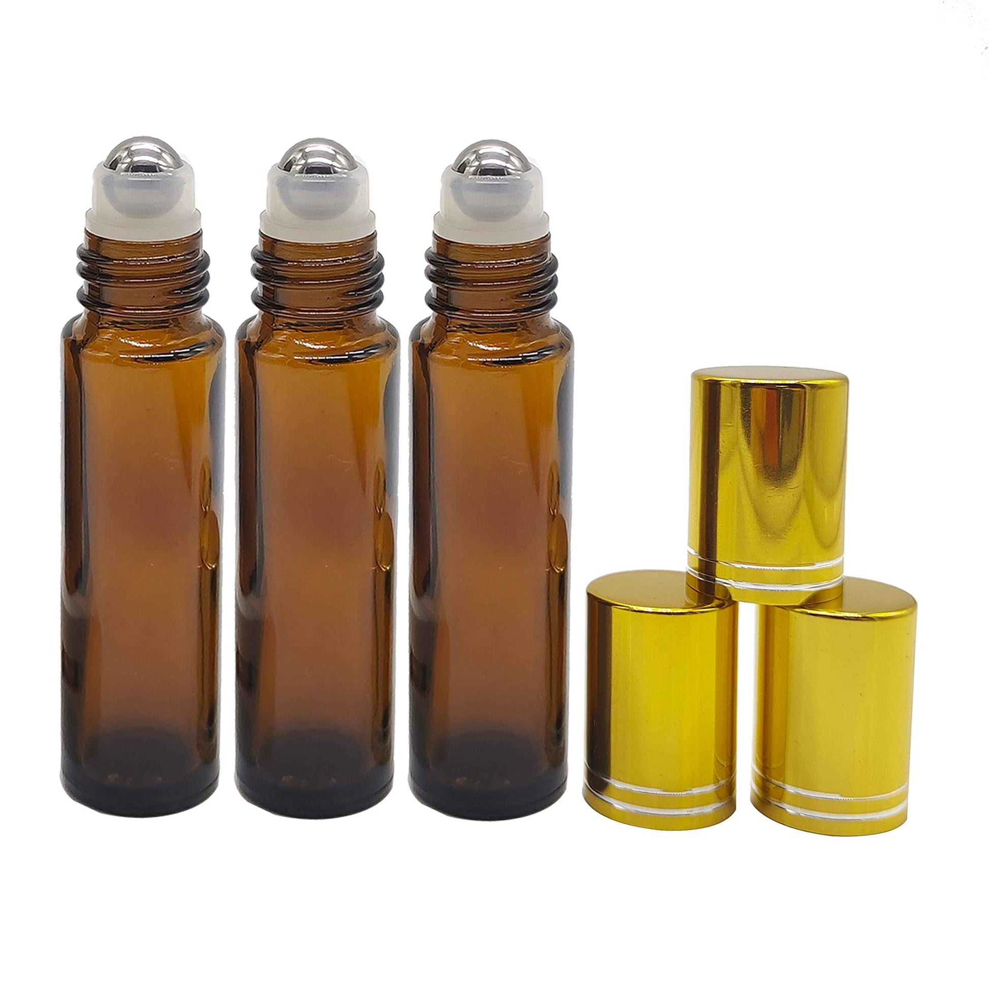 BEGIKET 24 Pack Essential Oil Roller Bottles, 10ml Amber Glass Roll-on Bottles with Stainless Steel Roller Balls and Gold Cap