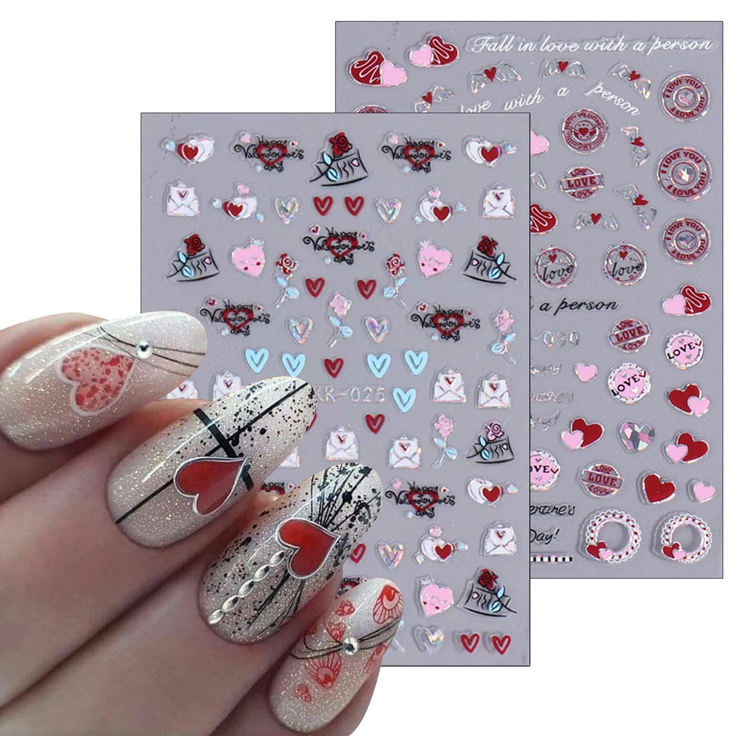 6 Sheets Valentine's Day Nail Art Sticker Decals Red Love Heart Lips Design Nail Decals 3D Self-Adhesive Rose Flower Nail Art Supplies Silvers Love Angel Nail Design Nail Decoration for Women Girls