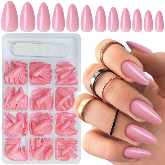 Bellelfin 360pcs Almond Press on Nails, Medium Length Fake Nails Glossy Pink False Nails Acrylic Nails Press Ons with 10 Sheets Adhesive Tabs for Women Girls Fingernails Design