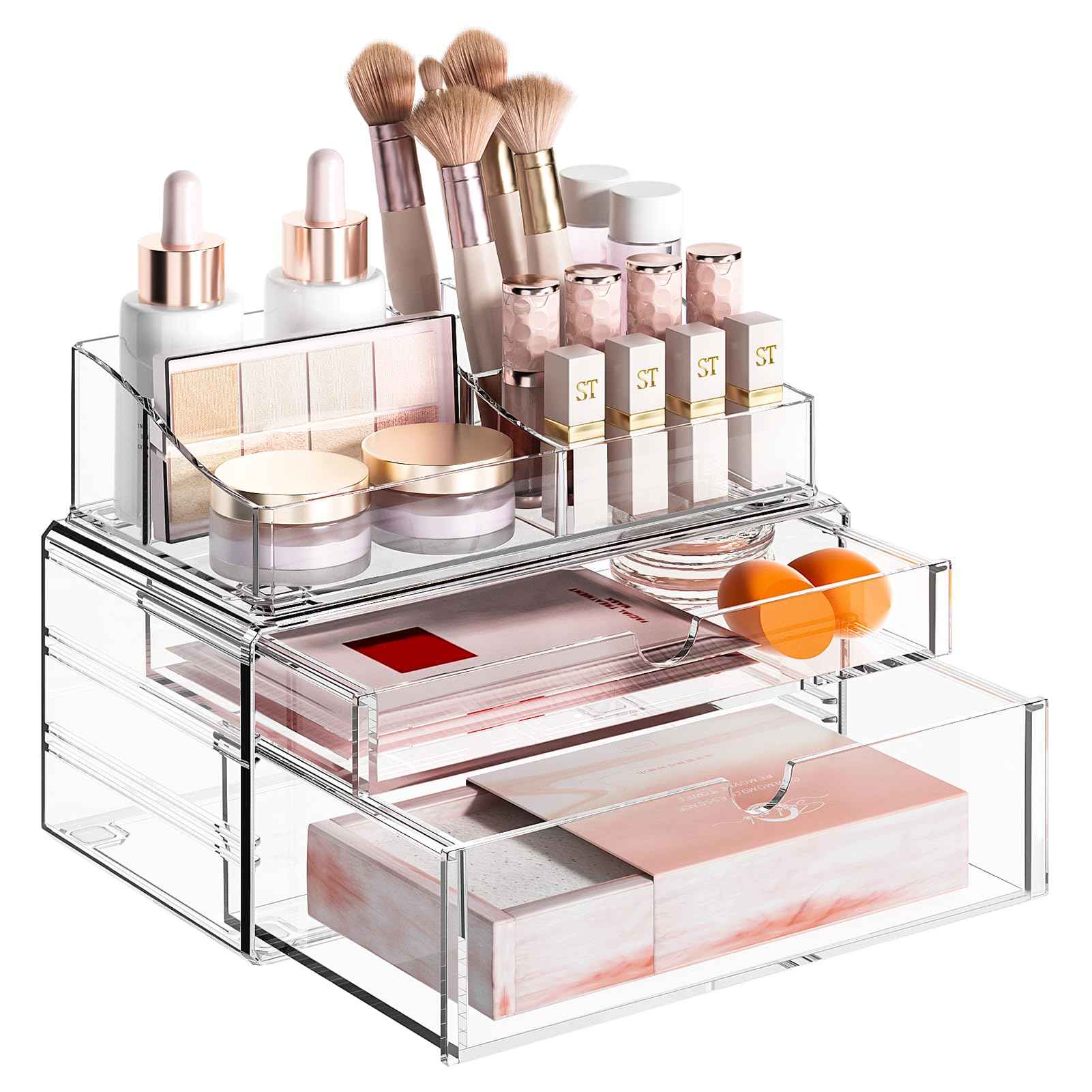 Delamu 3-Tier Clear Makeup Organizer with Drawer, Acrylic Cosmetic Display Case for Makeup Vanity Bathroom Counter Organizers and Storage, Stackable Vanity Organizer for Brushes Lipsticks Skincare