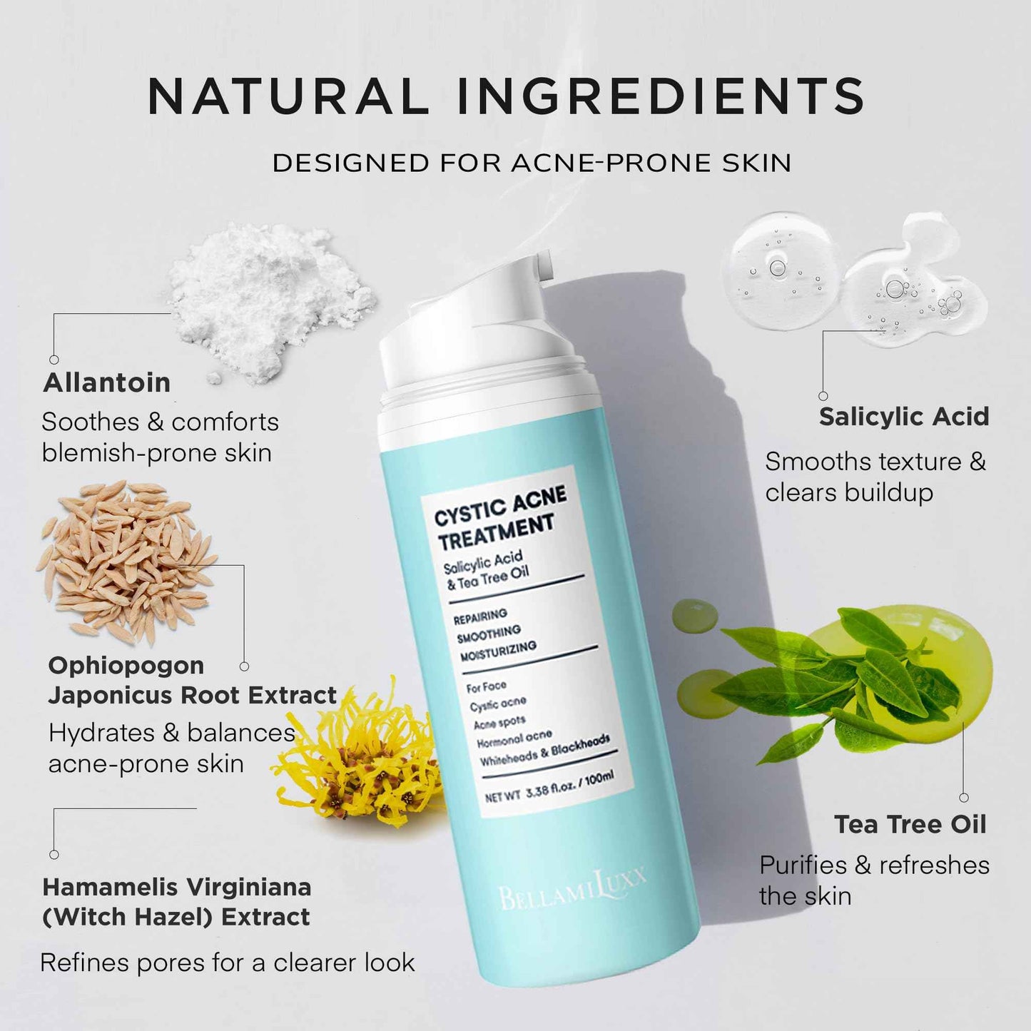 BellamiLuxx Cystic Acne Treatment for Face: Hormonal Acne Treatment Cream for Teens & Adults - Salicylic Acid & Tea Tree Oil Pimple Spot Remover - Anti-Acne Moisturizer Reduces Redness, Blemishes