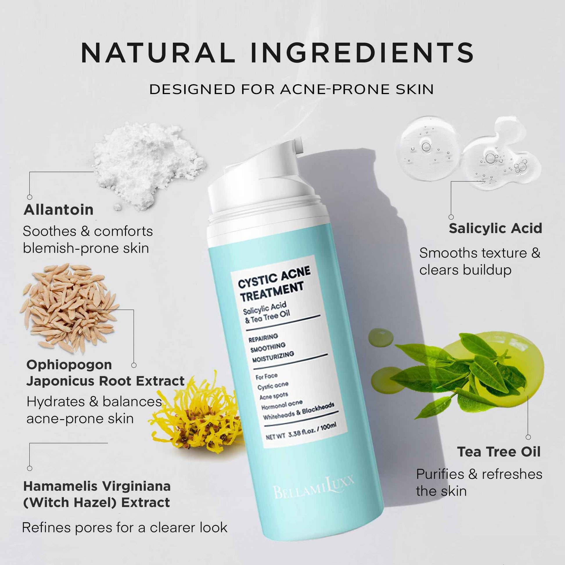 BellamiLuxx Cystic Acne Treatment for Face: Hormonal Acne Treatment Cream for Teens & Adults - Salicylic Acid & Tea Tree Oil Pimple Spot Remover - Anti-Acne Moisturizer Reduces Redness, Blemishes
