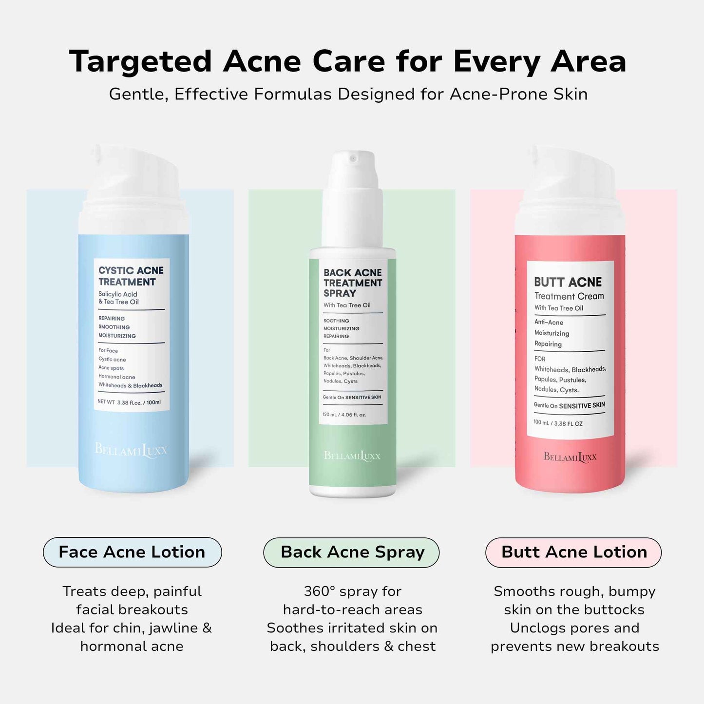 BellamiLuxx Fungal Acne Treatment Lotion: Effective Face & Body Pimple Cream for Bumps, Clusters, Itch & Redness – Fungal Prone Skin Acne Treatment Moisturizer for Teens & Adults with Natural Actives