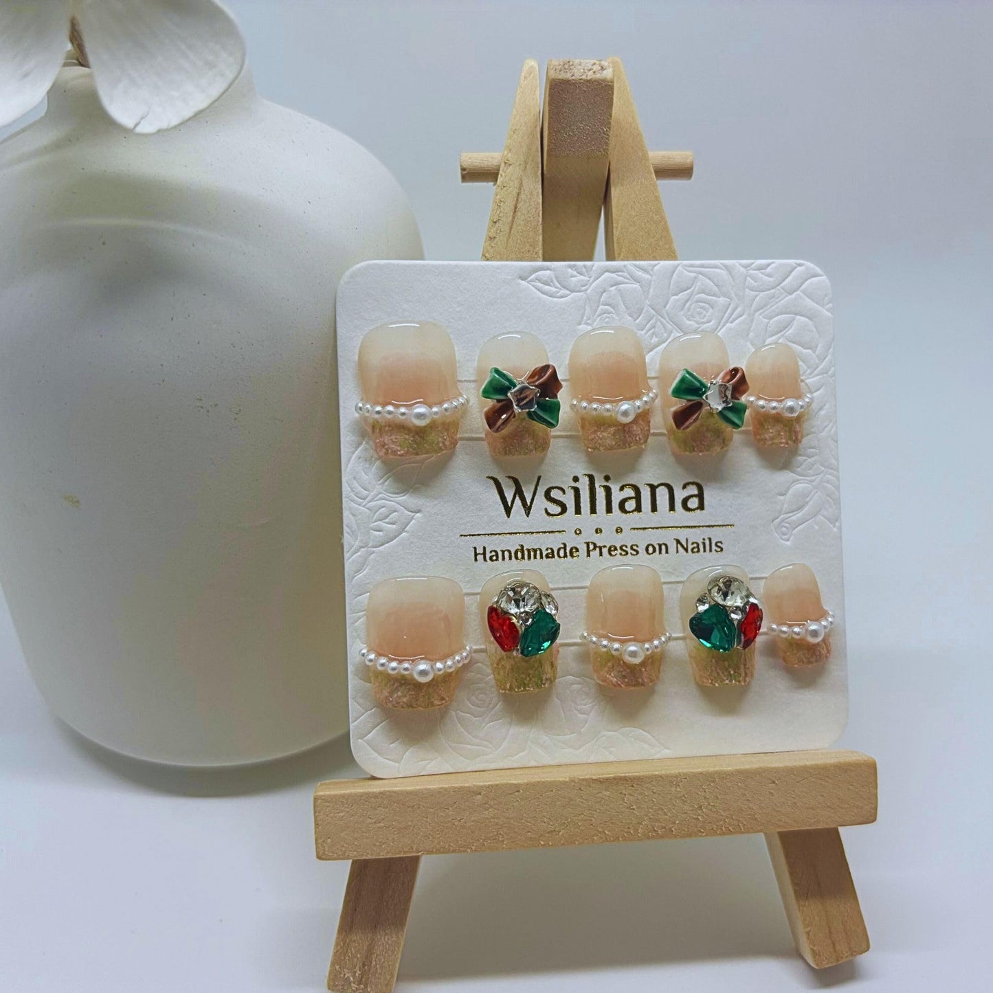 Wsliana Handmade Press On Nails - Short Square French Style with Pearl and Plaster Design, Bowknot Diamond Accents, 10pcs Glue On Acrylic Fake Nails with Storage Box | Cute and Charming (020 M)