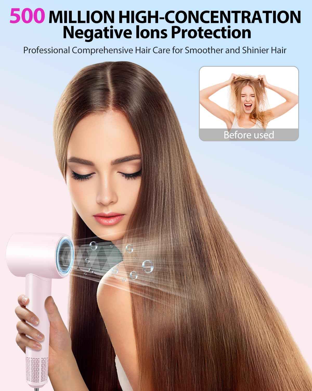 Professional High Speed Ionic Hair Dryer - 1 Min Fast Drying, 180000 RPM Blow Dryer 500 Million Negative Ions, No Heat Damage & Low Noise, Lightweight, Hairdryer with Magnetic Concentrator for Women