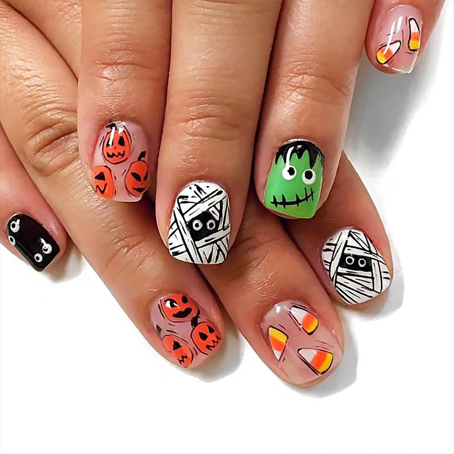 Halloween Press on Nails Short Square Petite Fake Nails Full Cover Little Monster False Nails with Pumpkin Mummy Designs Cute Acrylic Nails Glossy Glue on Nails Artificial Nails for Women Girls 24Pcs