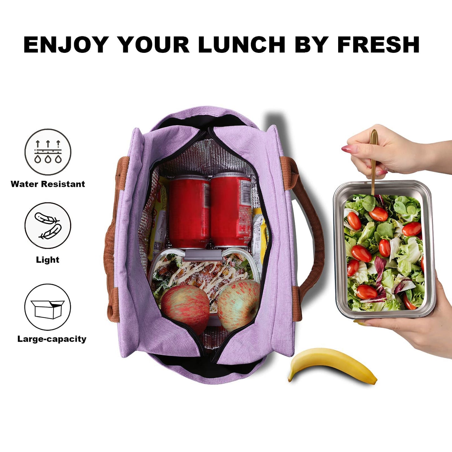 Joymee Lunch Bag Women Insulated Lunch Box Reusable Leakproof Large Spacious Cooler Tote for Women Men Adult with Bottle Holder and Side Pockets for Work Office Travel Picnic - Purple