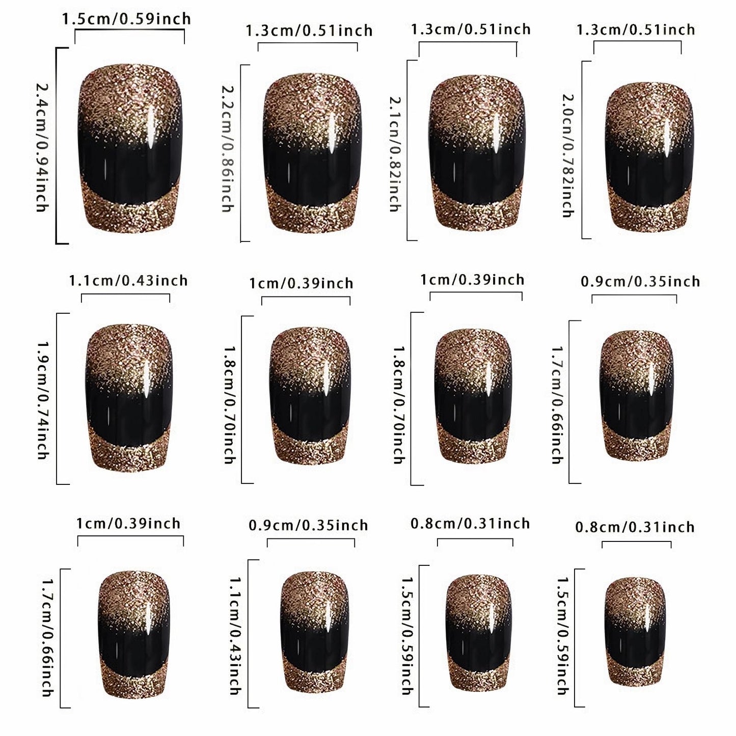 MISUD Press on Nails Medium Square Fake Nails Glossy Glue on Nails Black Acrylic Nails Squoval Artificial Nails Bling Gold Glitter Stick on False Nails with Design 24 pcs