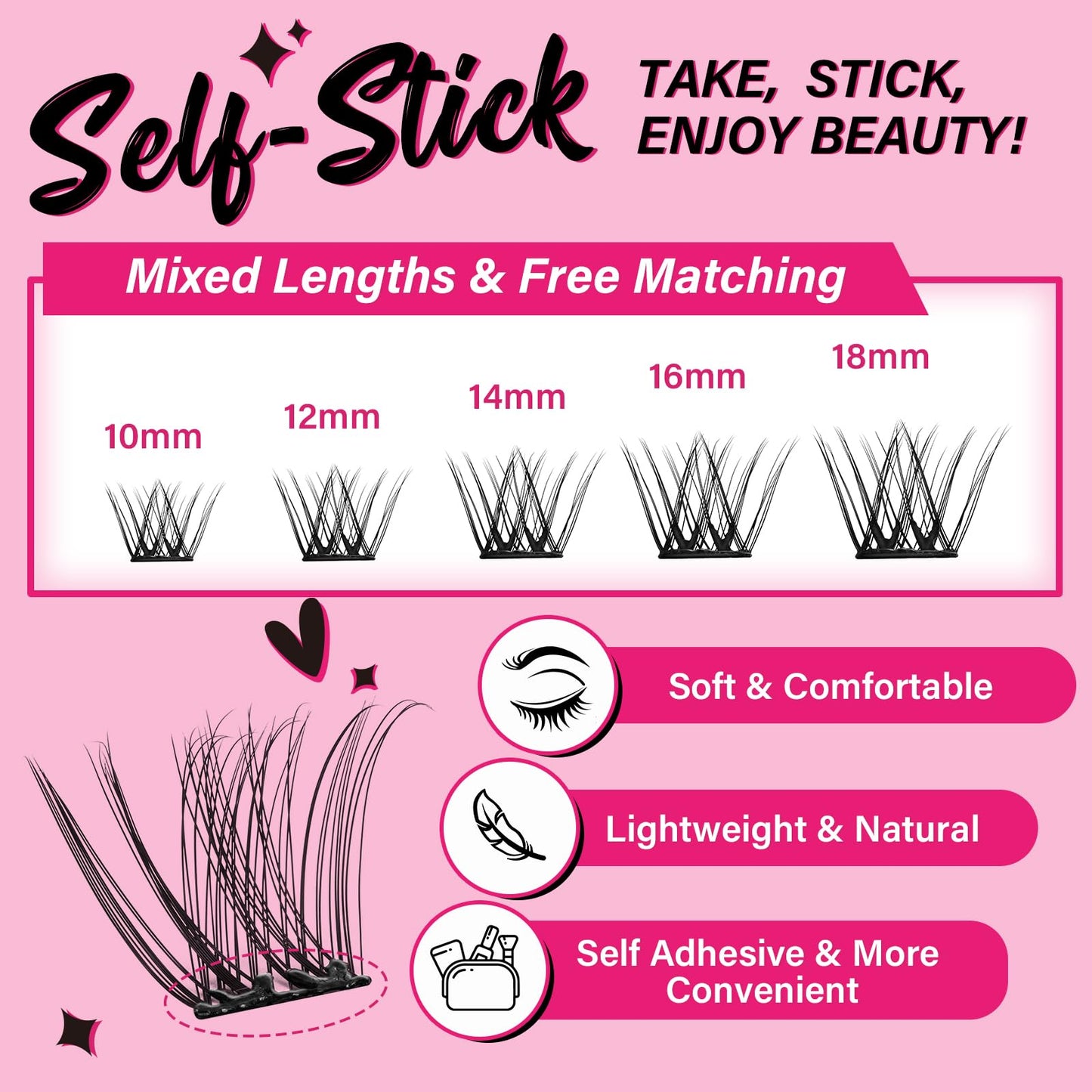 Self Adhesive Eyelashes 40Pcs Lash Clusters Press On Lashes Self Stick Cluster Lashes Pre Glued Eyelash Clusters No Glue No Remover Needed Easy to Apply Save Time (Begonia,D-10-18mix)