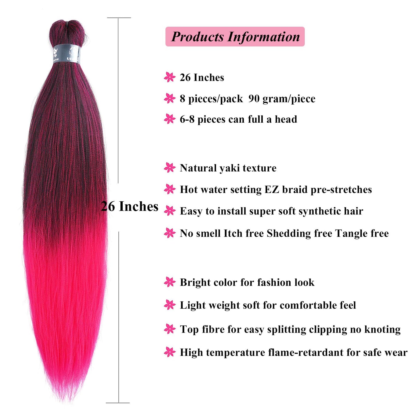 UPruyo Pink Ombre Braiding Hair Pre Stretched Kanekalo Mixed 1b Pink Braiding Hair Extensions for Braiding Box Braids Knotless Prestretched Braiding Hair Ombre 26 inch