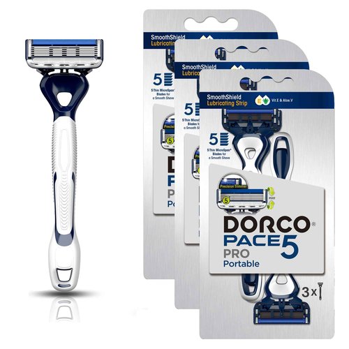 DORCO Pace Pro 5 Disposable Razors, 9 pack - Long Lasting 5 Blade Technology with a Precision Trimmer, Safety Guard Bar, Pivoting Head and Non-Slip Rubber Handle (9 Razors)