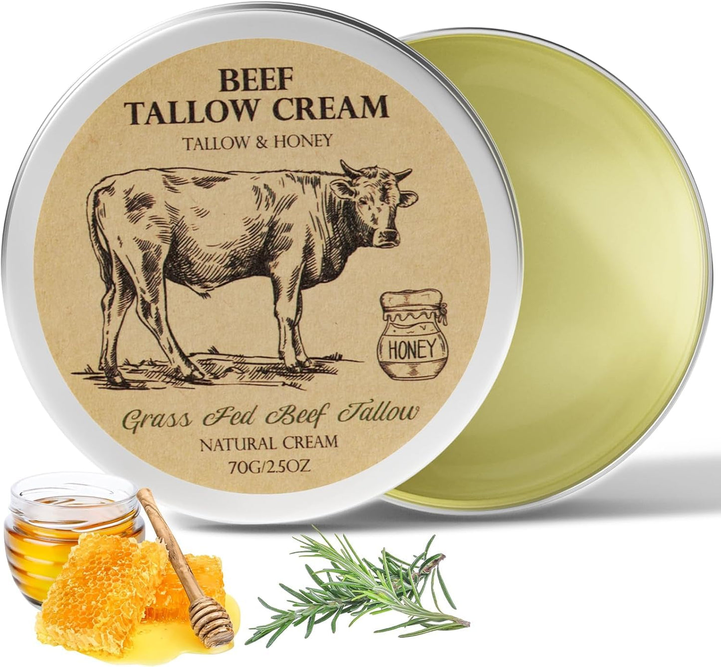 Beef Tallow for Skin, Tallow and Honey Cream,Tallow Face Moisturizer, Natural Organic Grass-Fed Beef Tallow Balm with Raw Honey Moisturizing Cream for Body Lotion Skin Care for Sensitive Skin (2.5oz)