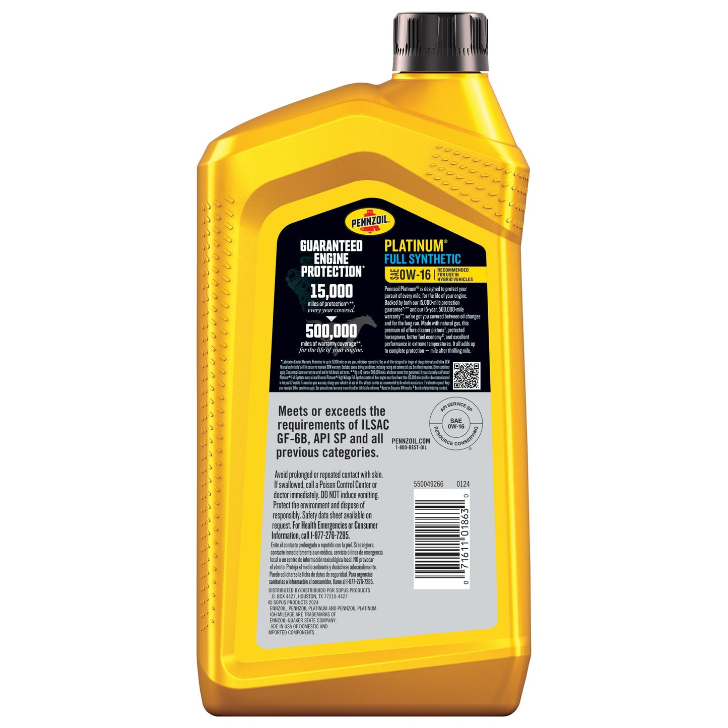 Pennzoil Platinum Full Synthetic 0W-16 Gasoline Engine Oil, 1 Quart (Case of 6)