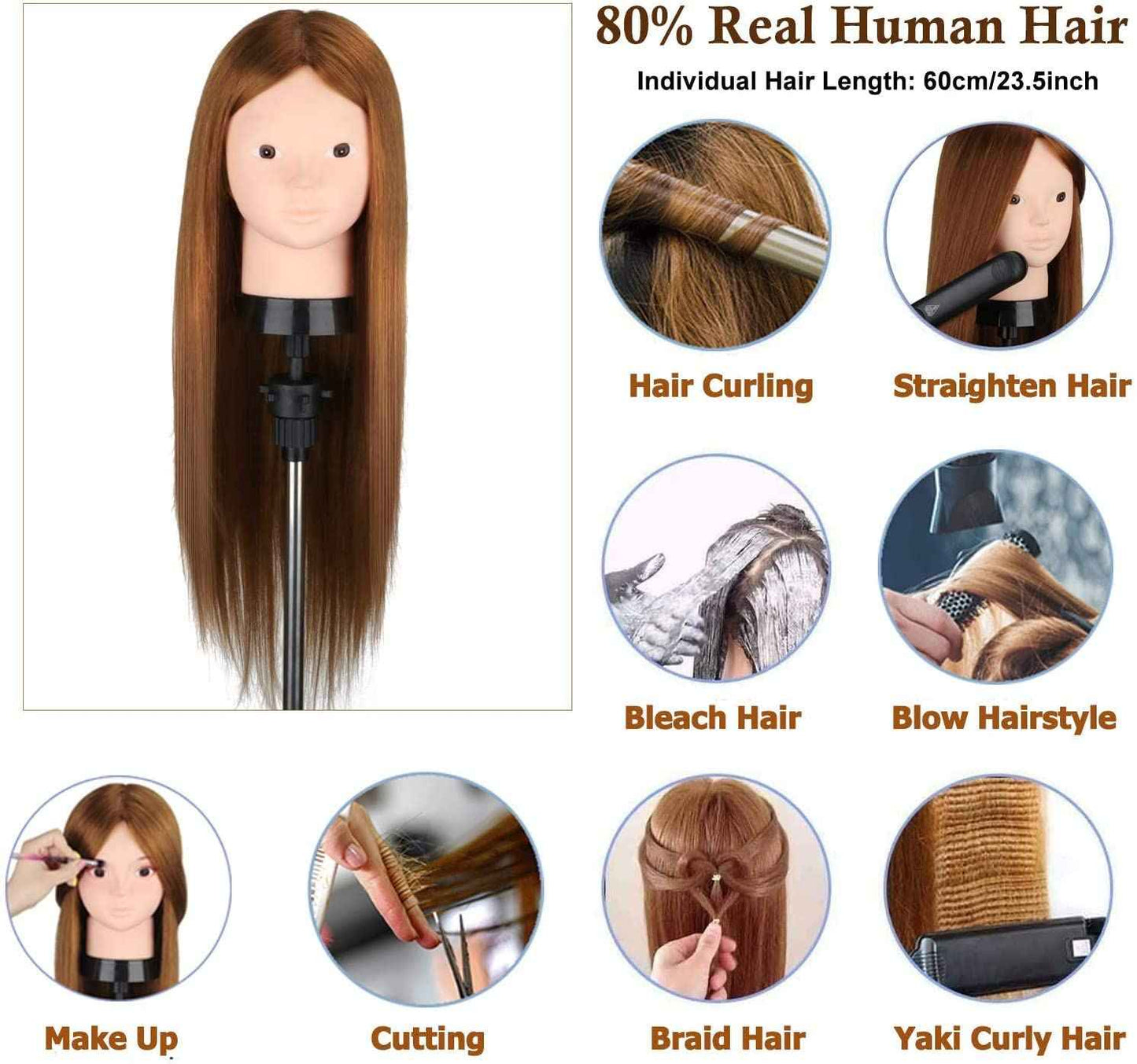 Mannequin Head with 80% Human Hair, TopDirect 24" Brown Real Hair Cosmetology Mannequin Head Hair Styling Hairdressing Practice Training Doll Heads with Clamp Holder and Tools