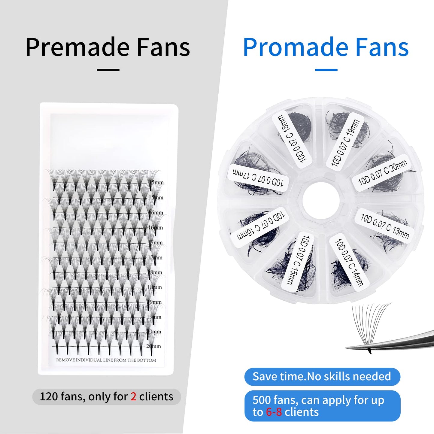 Volume Lash Extensions 10D Premade Fans Eyelash Extensions 500 PCS 0.07mm 13-20mm Mixed C/D Curl Short Stem Premade Volume Eyelash Extensions Pointed Base Fans(500PCS-10D-0.07-C, 13-20mm Mixed Tray)