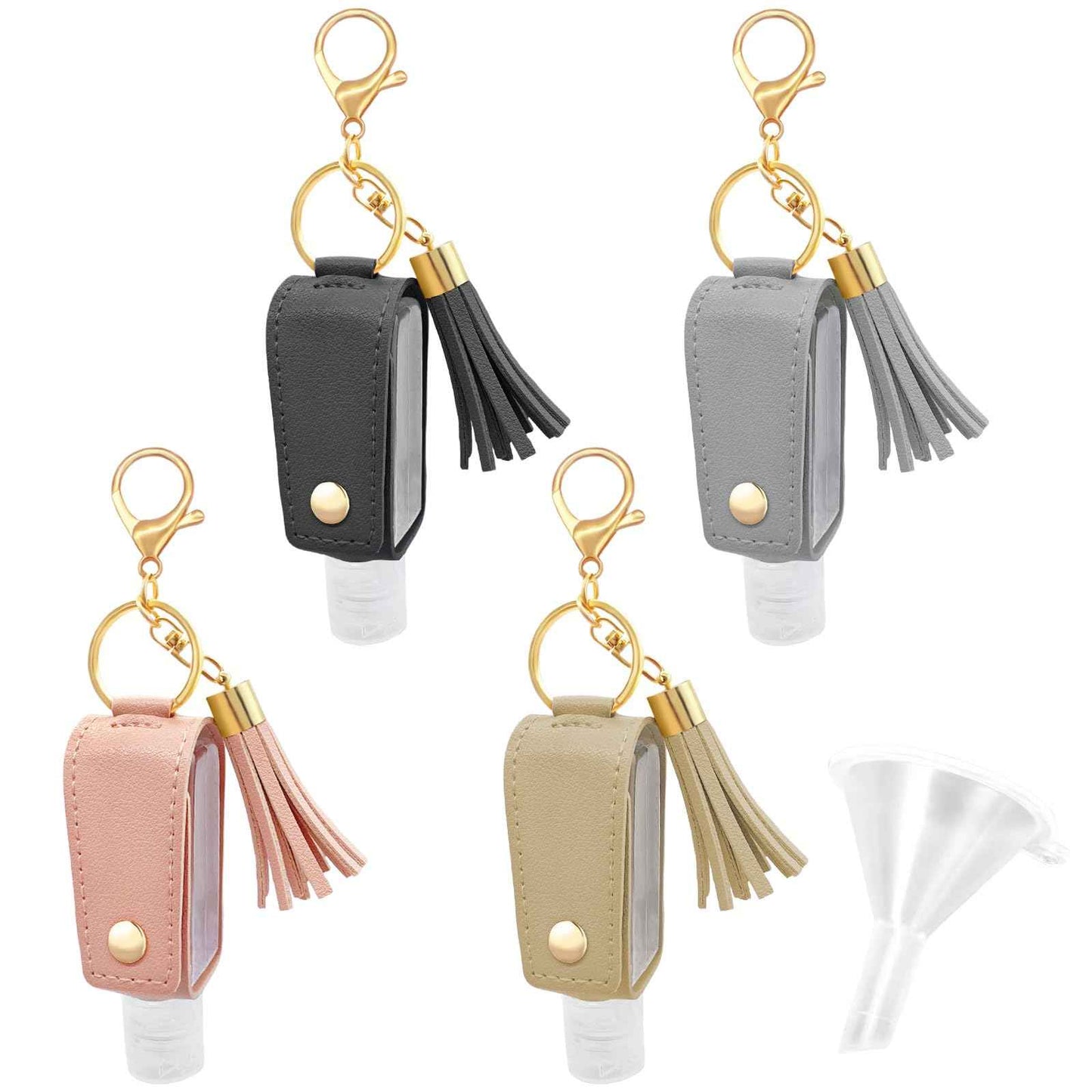 WATUNID 4 Pack Portable Travel Hand Sanitizer Keychain Holder with Funnel, Small Leather Empty Travel Size