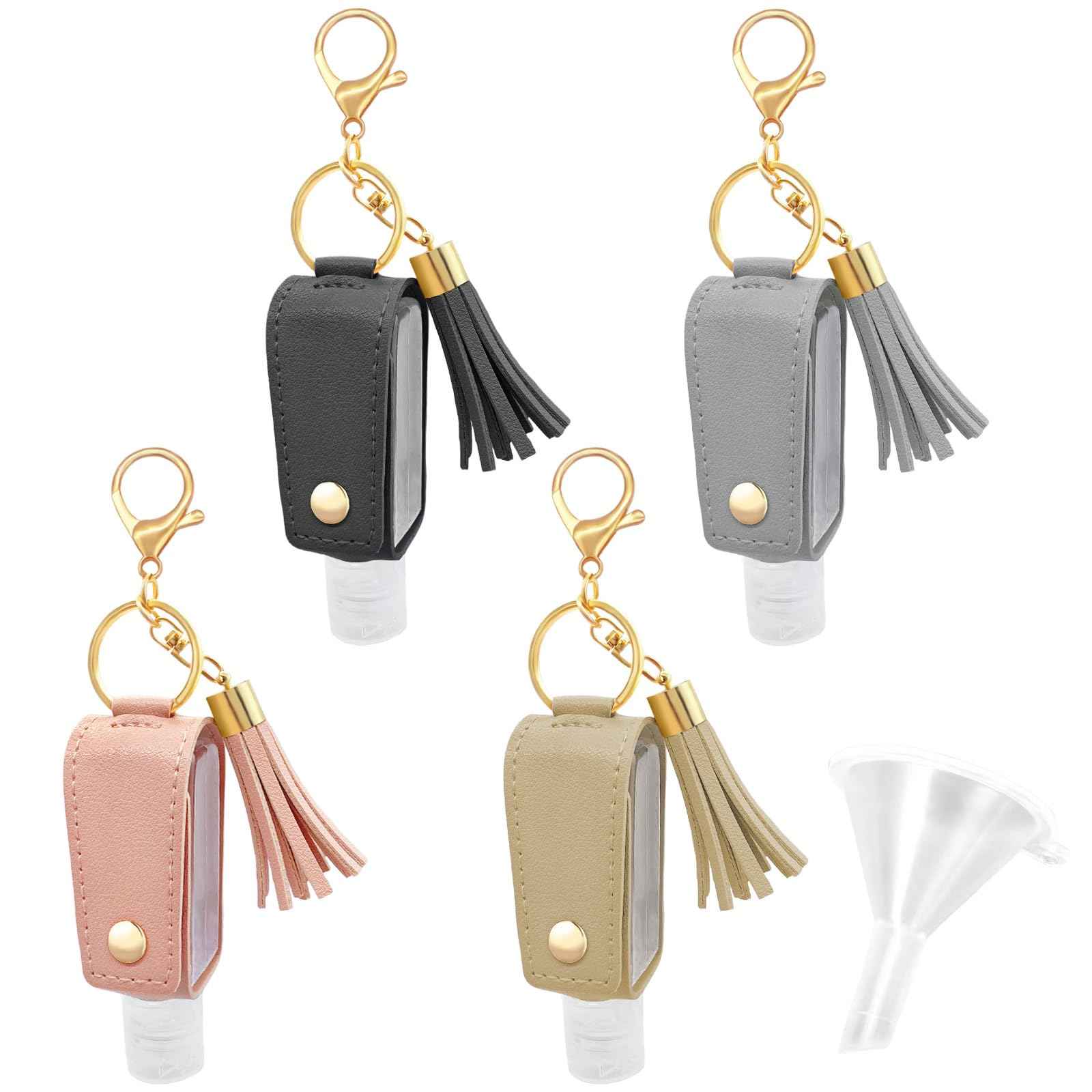 WATUNID 4 Pack Portable Travel Hand Sanitizer Keychain Holder with Funnel, Small Leather Empty Travel Size