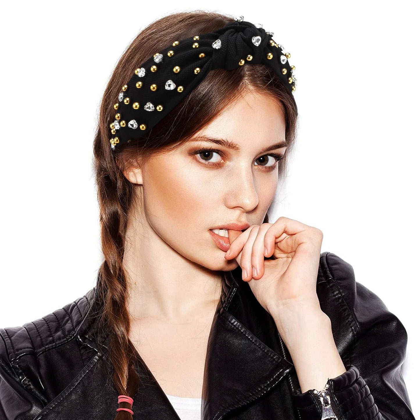 Canitor Pearl Knotted Headbands for Women Top Knot Beaded Headband Jeweled Head Bands for Women's Hair Non Slip Embellished Rhinestone Headbands Fashion Hair Accessories Gifts (black)