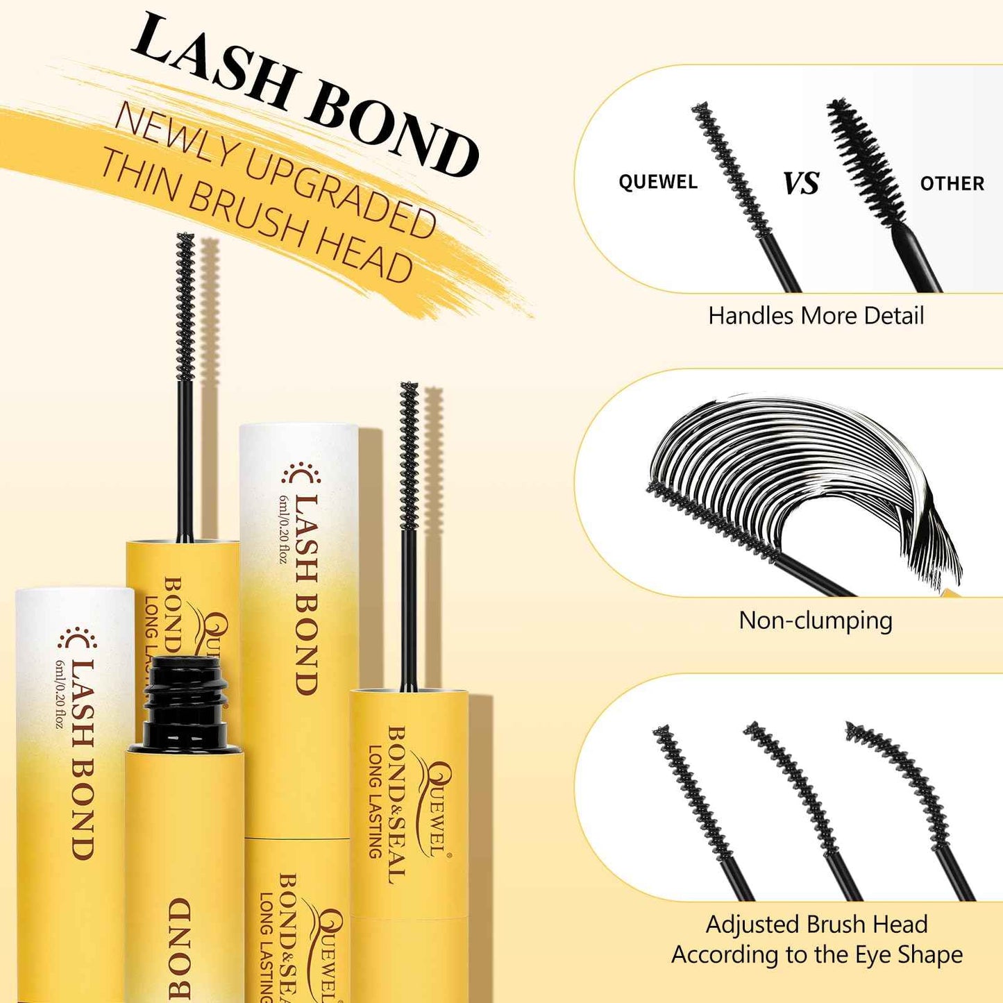 QUEWEL Lash Bond and Seal Lash Glue for Eyelash Clusters,12ml Super Strong Hold Lash Cluster Glue Bond and Seal Waterproof for DIY Lash Extensions Easy to Use at Home (6ml Black Bond+6ml Clear Seal)