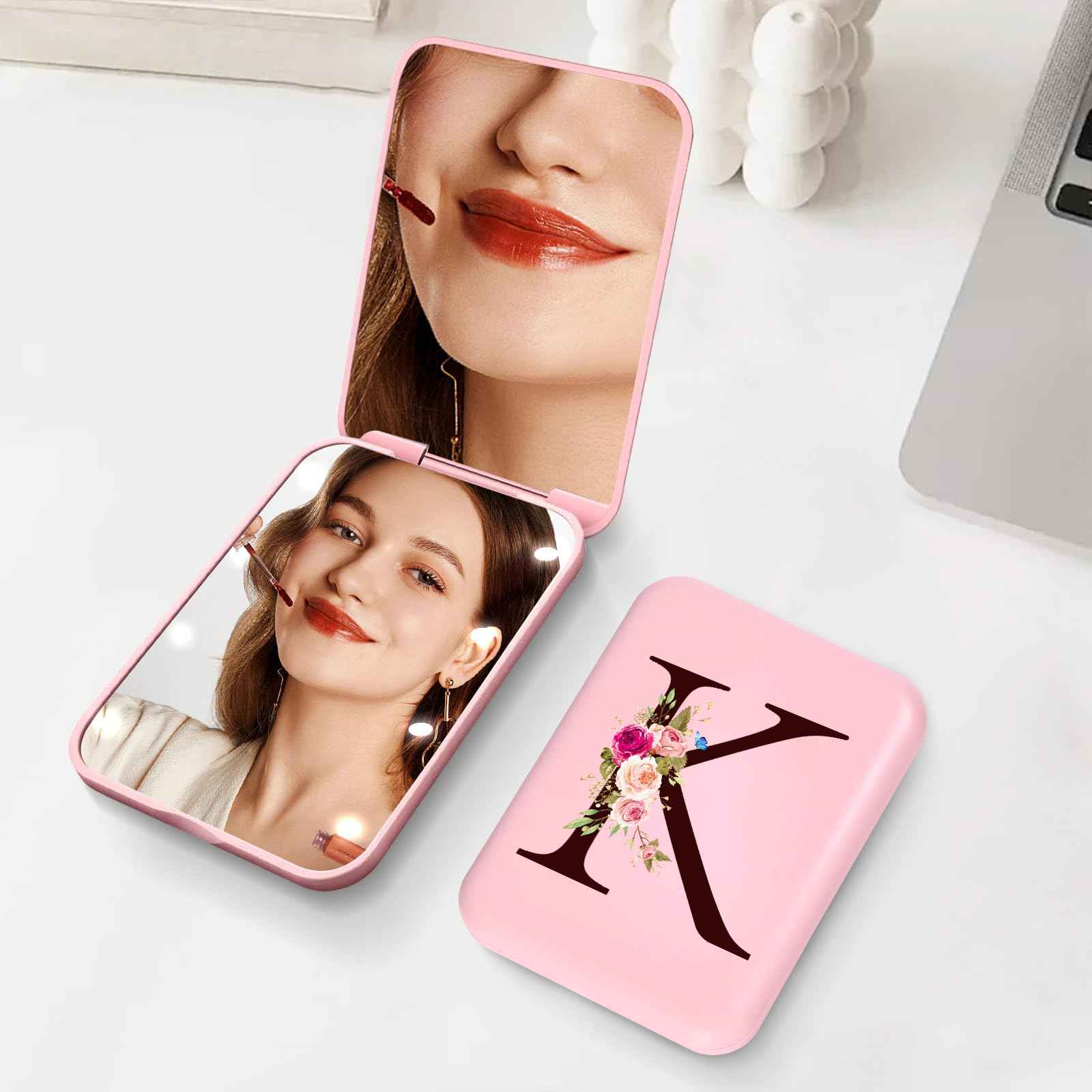 KEWWADB Travel Mirror with Lights, Initials Portable Compact Mirror, Travel Essentials, Suitable Gifts for Mom（Pink，K）