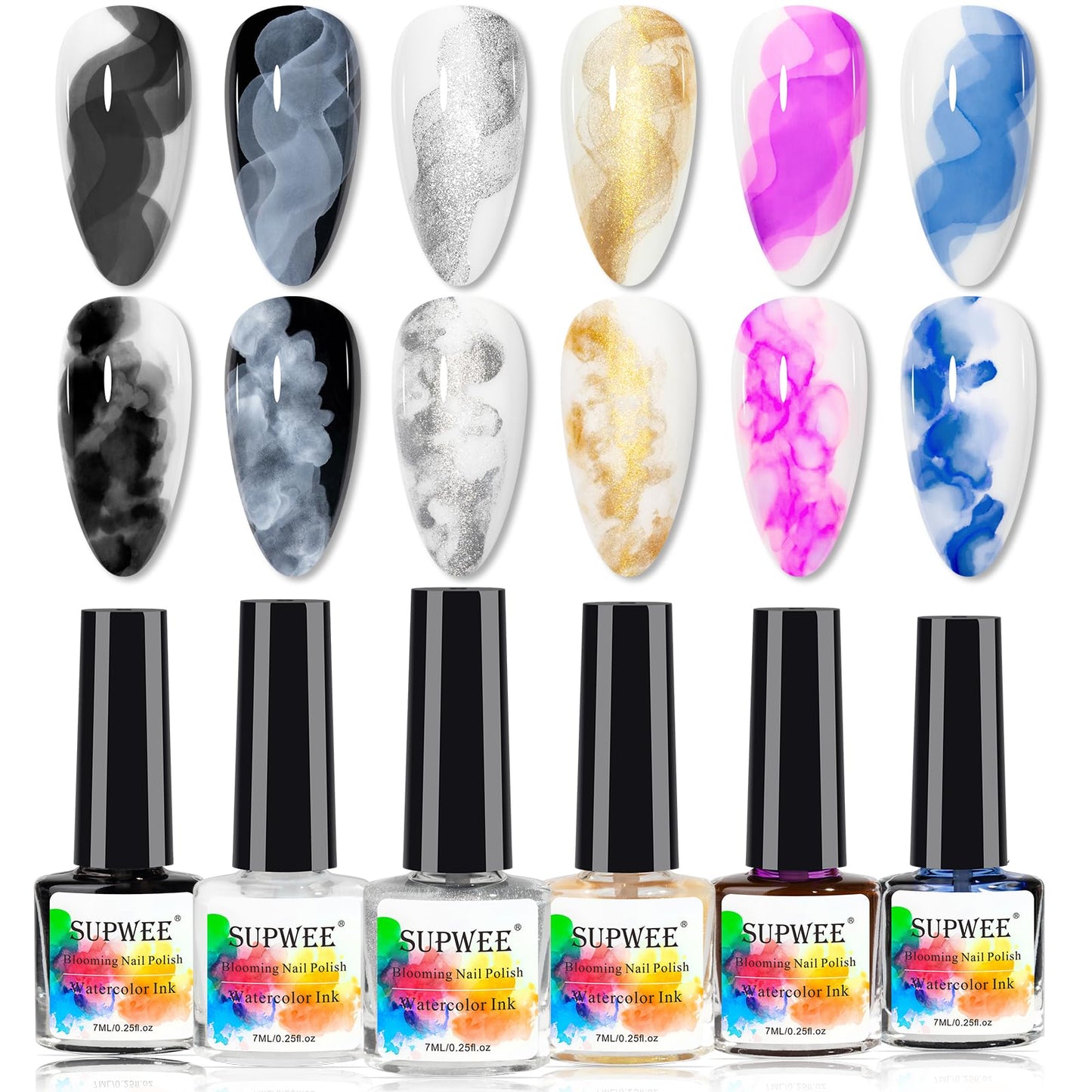 SUPWEE Blooming Gel Nail Polish - Marble Ink for Nails Watercolor Nail Art Design for Spreading Flower Blossom Effect Home DIY Nail Salon