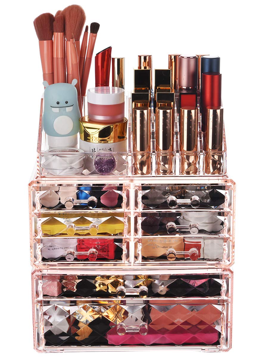 ZHIAI Makeup Organizer Acrylic Cosmetic Storage Drawers and Jewelry Display Box Transparent (Style C(Pink Diamond): 1 Top, 6 Small, 1 Large, 1 XLarge Drawers)