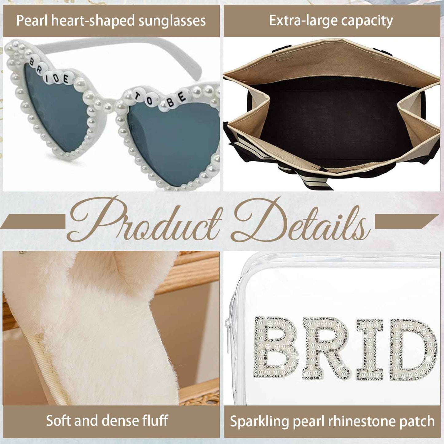 Ldmfcpa 5Pcs Bridal Shower Gifts Set with Bride Bag Cosmetic Bag Sunglasses Slippers Hair Clip, Suitable for Bridal Shower, Weddings, Bachelorette Gifts for Bride, Bride Gift Set