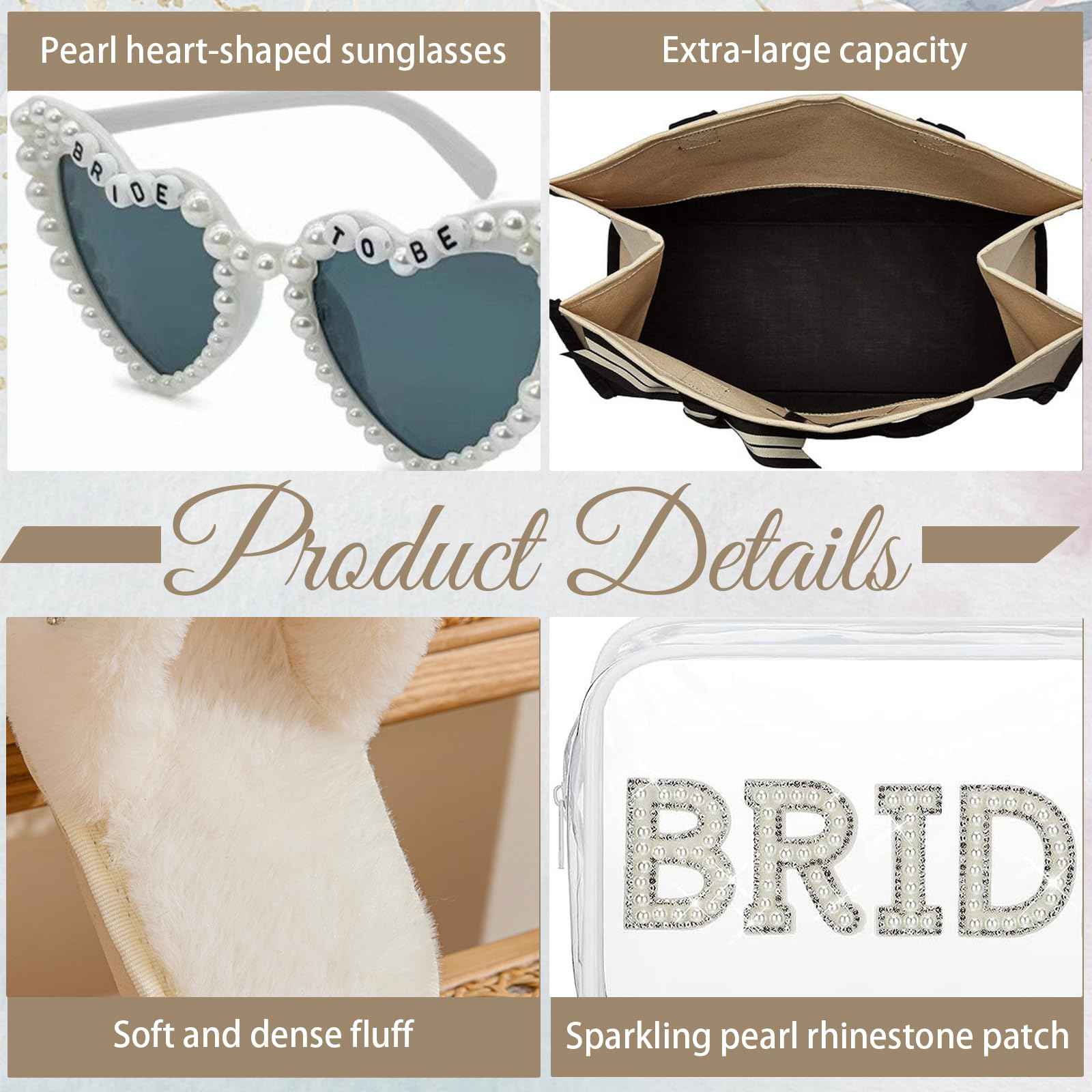 Ldmfcpa 5Pcs Bridal Shower Gifts Set with Bride Bag Cosmetic Bag Sunglasses Slippers Hair Clip, Suitable for Bridal Shower, Weddings, Bachelorette Gifts for Bride, Bride Gift Set