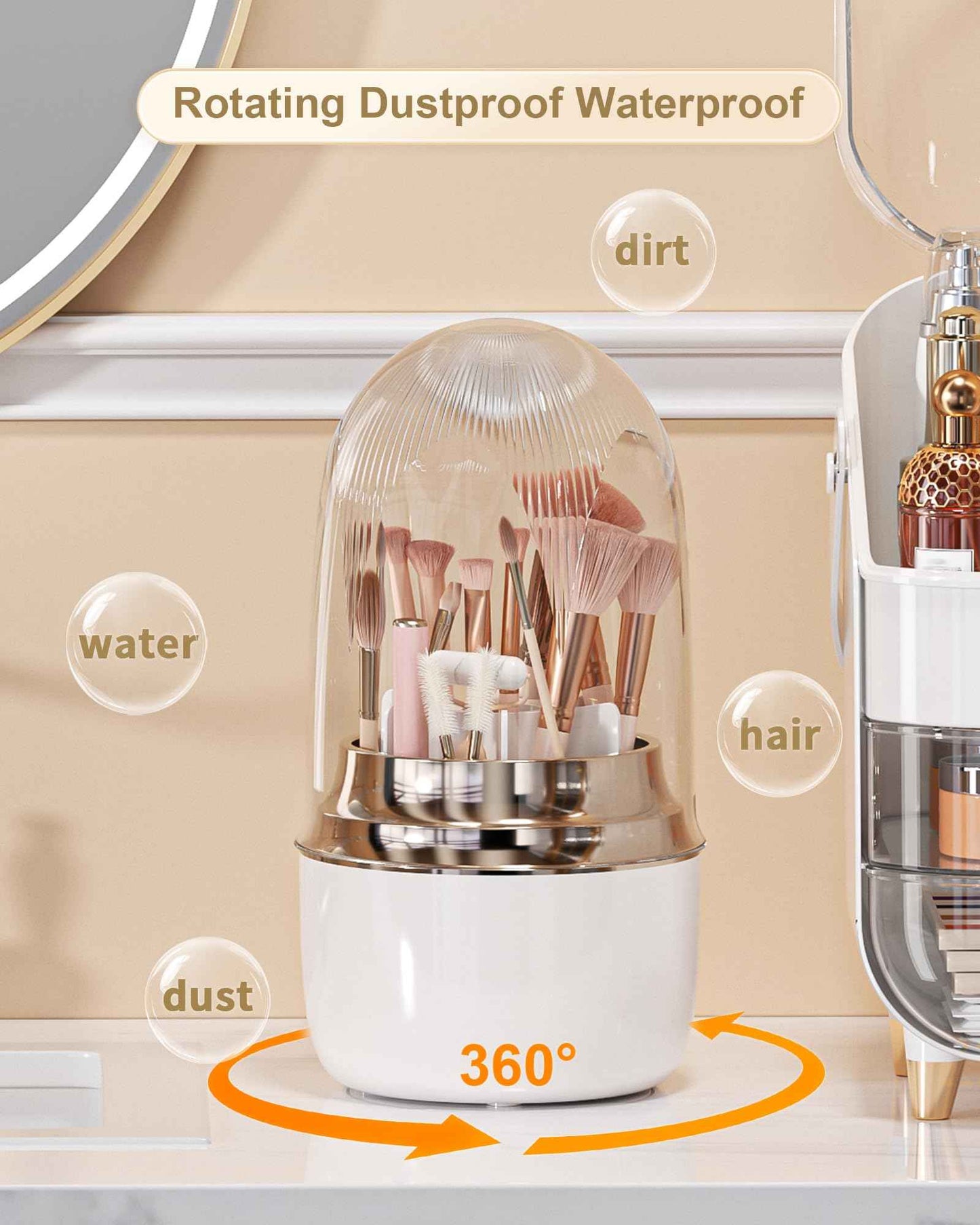Anylady Makeup Brush Holder for Vanity - 360 Rotating Makeup Brush Organizer (Thicken Upgraded), Toothbrush Holder with Cover, Cosmetic Organizer (White)