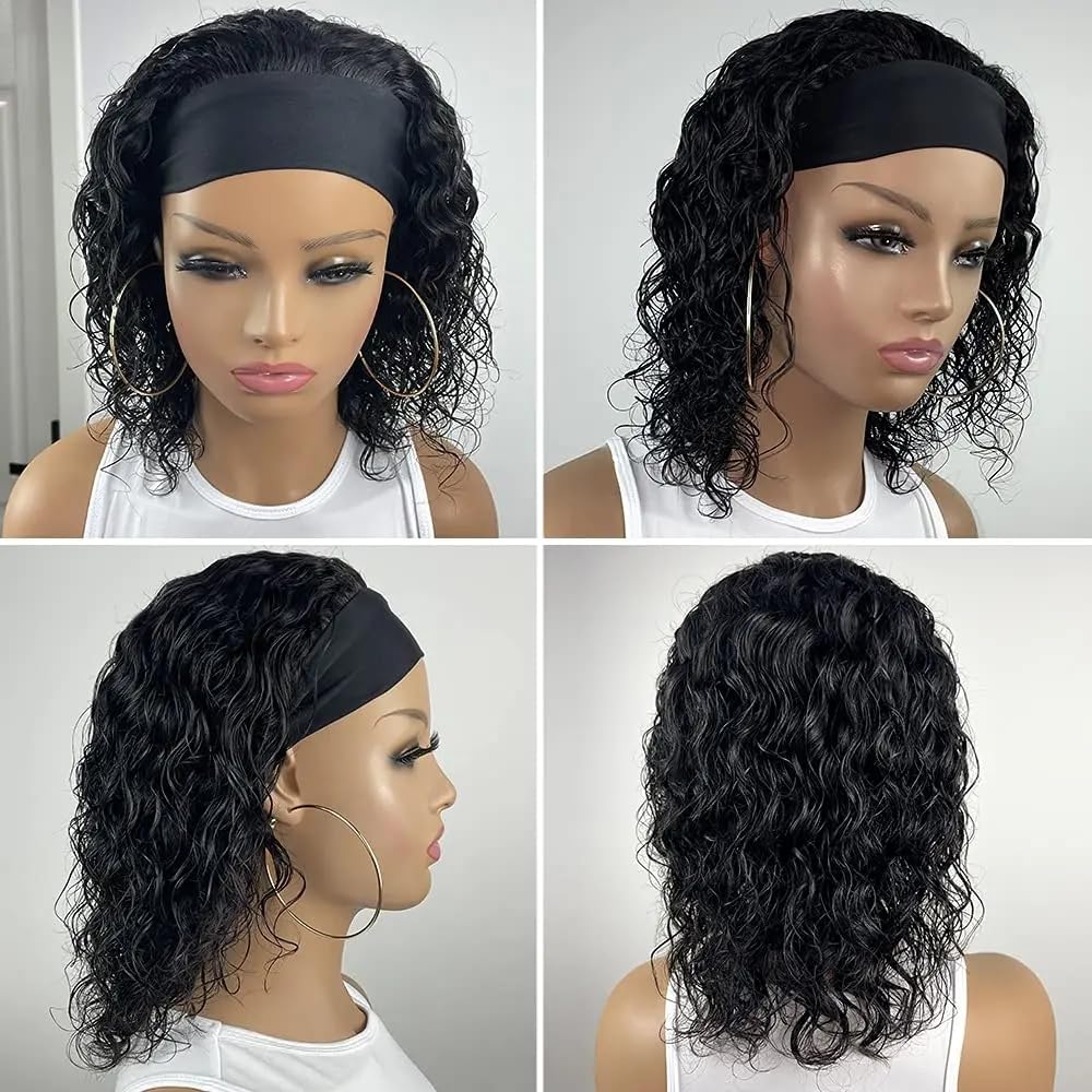 12''Water Wave Headband Wig Human Hair 150% Density Afro Wigs for Black Women Natural Curls 10A Glueless None Lace Front Wigs Easy to Wear Wig Water Wave Machine Made Wig