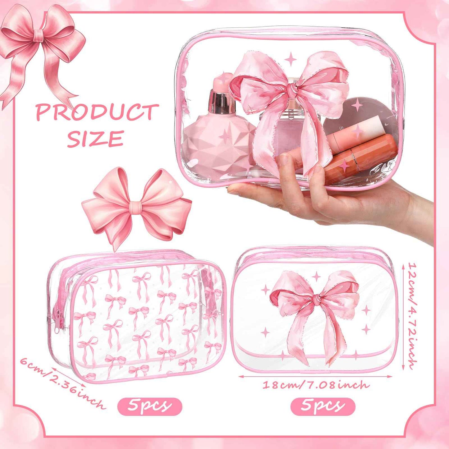 Kacctyen Pink 10 Bow Clear Makeup Bag Coquette Cosmetic Bag for Women Girl Christmas Preppy Bow Gift Accessories PVC Waterproof Travel Toiletry Pouch for Stocking Stuffer Bridal Wedding