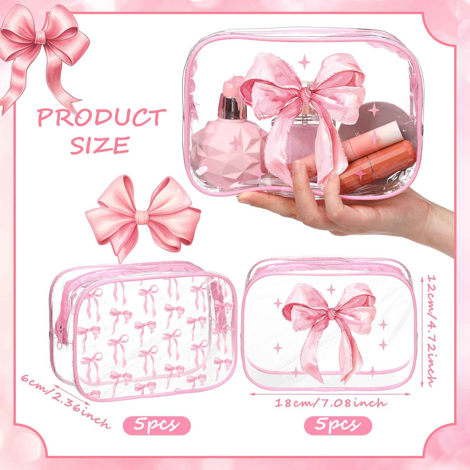 Kacctyen Pink 10 Bow Clear Makeup Bag Coquette Cosmetic Bag for Women Girl Christmas Preppy Bow Gift Accessories PVC Waterproof Travel Toiletry Pouch for Stocking Stuffer Bridal Wedding