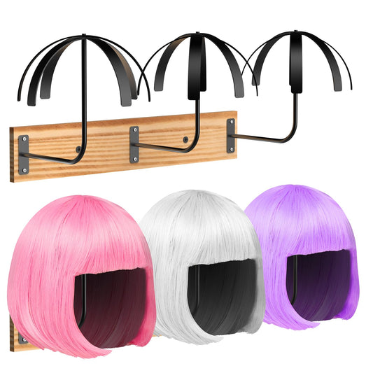 Yumkfoi Hanging Wig Stand for Multiple Wigs, 6 PCS Wall Mounted Wig Hanger Holder, Durable Wig Storage Organizer Rack for Wig Display, Storage, Styling, Drying (Carbon Steel and Wood)